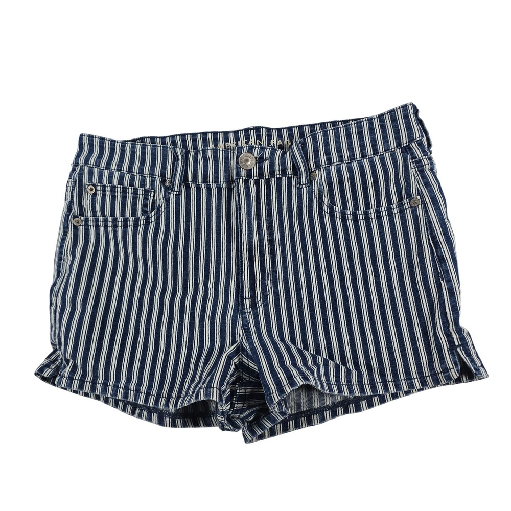 American‎ Eagle Hi-Rise Shortie Blue White Hickory Stripe Denim Shorts Womens 12